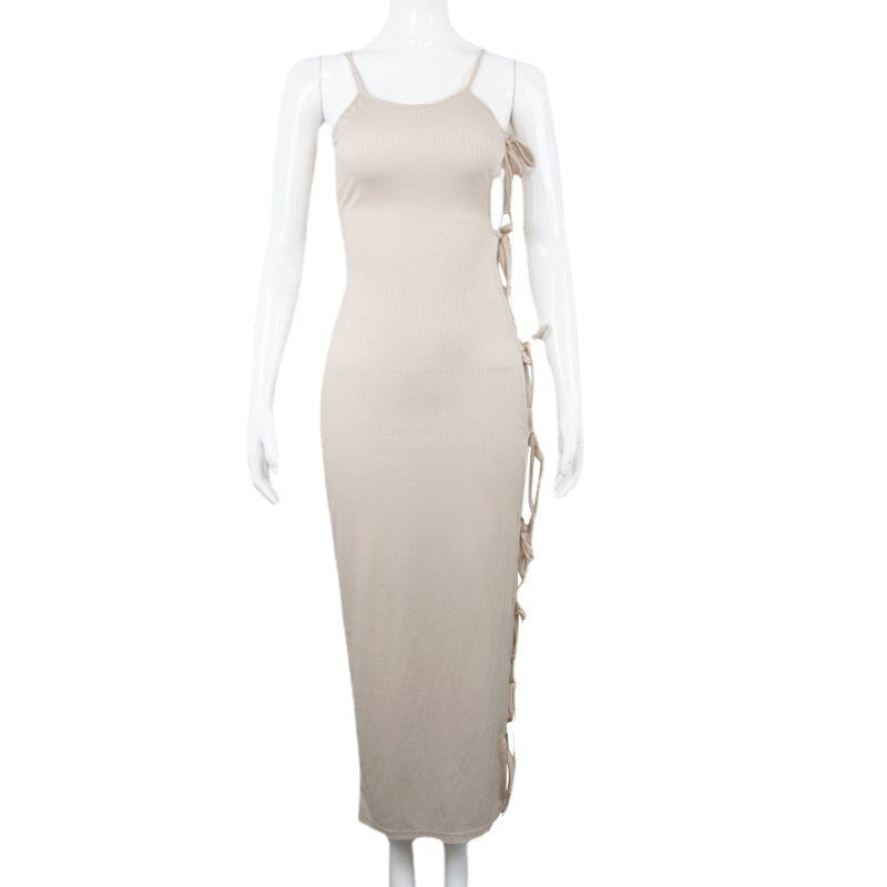 Side Hollow Out Bandage Long Dress Streetwear Beige Lace-up Sapghetti Strap Vestito - MERGE.DAY.1.FREESTYLE