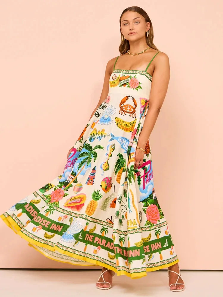 Beach Spaghetti Strap Long Dress Printed Backless Sleeveless Drawstring Dress - MERGE.DAY.1.FREESTYLE