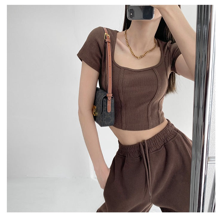 Vintaege Y2K Tops Women Summer Square Collar Short Sleeve T-shirt Fishbone Line Slim Crop - MERGE.DAY.1.FREESTYLE
