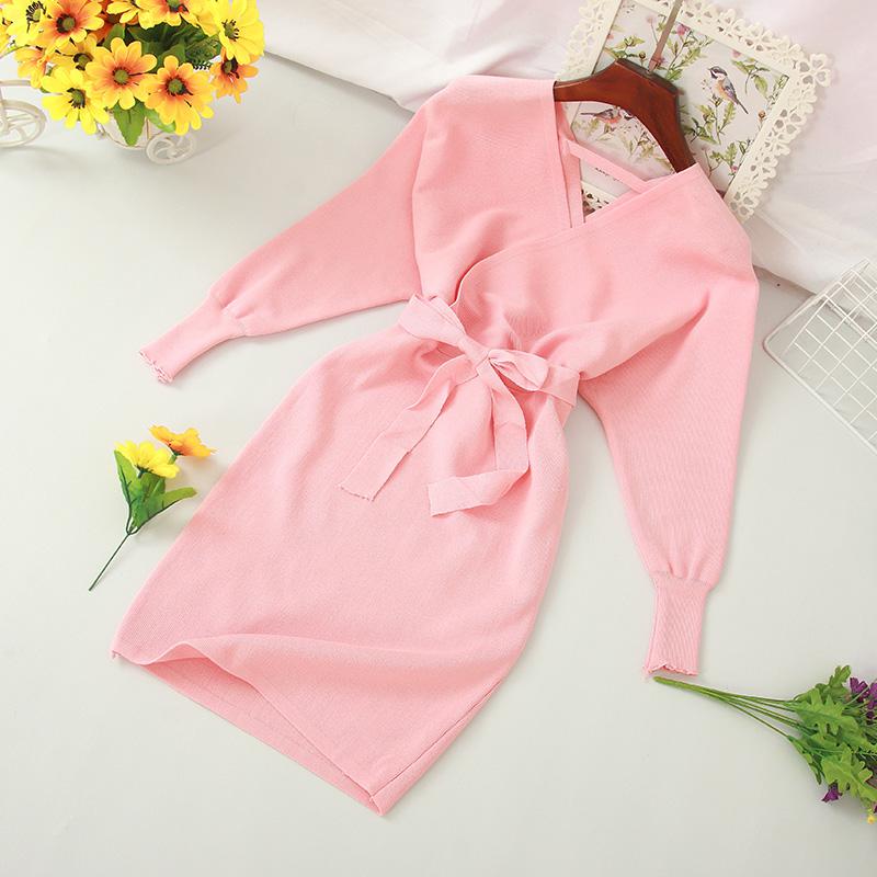 Autumn Women Sexy Elegant Knitted Dress Backless V Neck Sash Tie Up High Waist Dresses - MERGE.DAY.1.FREESTYLE