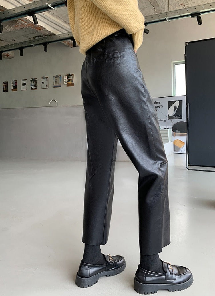Spring Autumn PU Leather Pants Women High Waist Pockets Faux Leather Harem Pants - MERGE.DAY.1.FREESTYLE