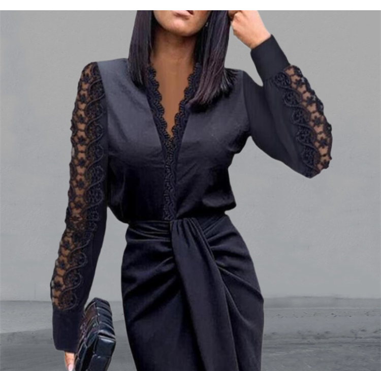 Dress Women Popular Sexy Dress V-neck Lace Long Sleeve Black Elegant Party Dresses - MERGE.DAY.1.FREESTYLE