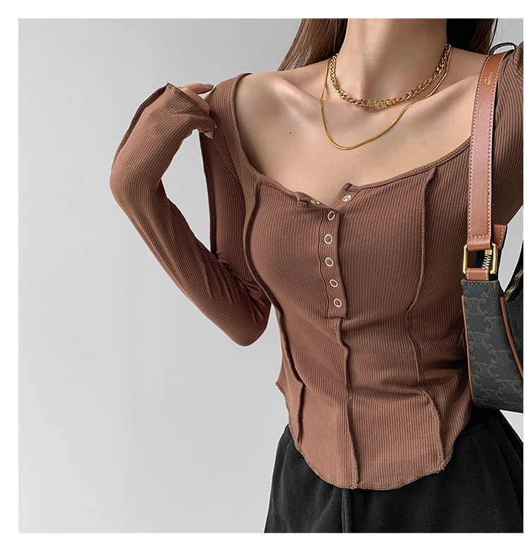 y2k Women T-shirt Single Breasted Long Sleeve Tees Patchwork Square Neck Cropped Tops - MERGE.DAY.1.FREESTYLE