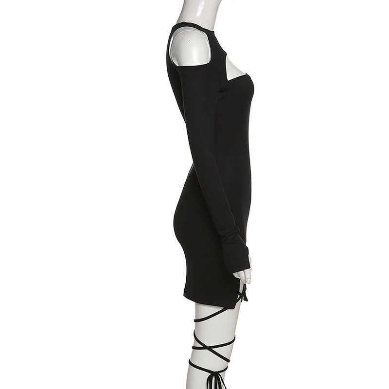 Hollow Out Long Sleeve Bandage Wrap Dress Women Off Shoulder Bodycon Mini Nightclub Dresses - MERGE.DAY.1.FREESTYLE