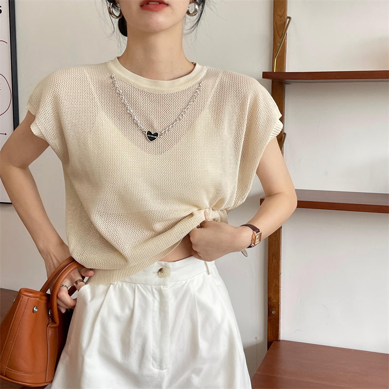 Hollow T-shirt Chain Women Summer New Solid Color Short Sleeve Knitted Tops Female 2022 - MERGE.DAY.1.FREESTYLE