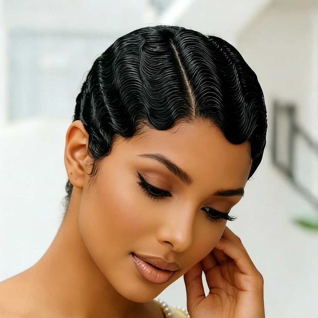 13X4 Lace Front Wig Brazilian Human Hair Finger Wave Short Pixie Cut Wig for Women 180% Density - MERGE.DAY.1.FREESTYLE