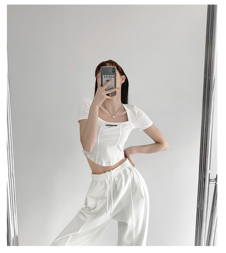 Curved Crop Tops Women Summer Square Collar Short Sleeve T-Shirt Fashion Slim Woman - MERGE.DAY.1.FREESTYLE