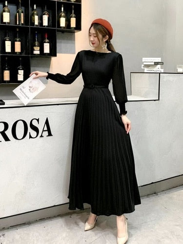 O-neck Long Sleeve A-line Dress Office Lady Pleated Maxi Dress - MERGE.DAY.1.FREESTYLE
