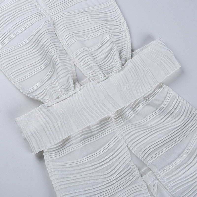 White Deep V-neck Halter Bandage 2 Pieces Sets Sleeveless Backless Suits Outfits with Shorts - MERGE.DAY.1.FREESTYLE