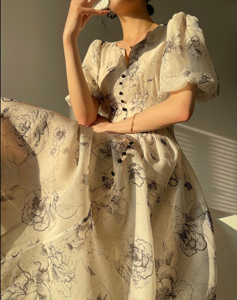 Vintage O-neck Single-breasted Summer Puff Sleeve Slim Women A-line Dress vestidos femme - MERGE.DAY.1.FREESTYLE
