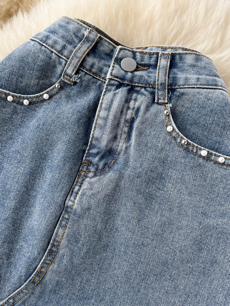 Beading Split Denim Skirts Women High Waist A-line Irregular Jeans Skirts - MERGE.DAY.1.FREESTYLE