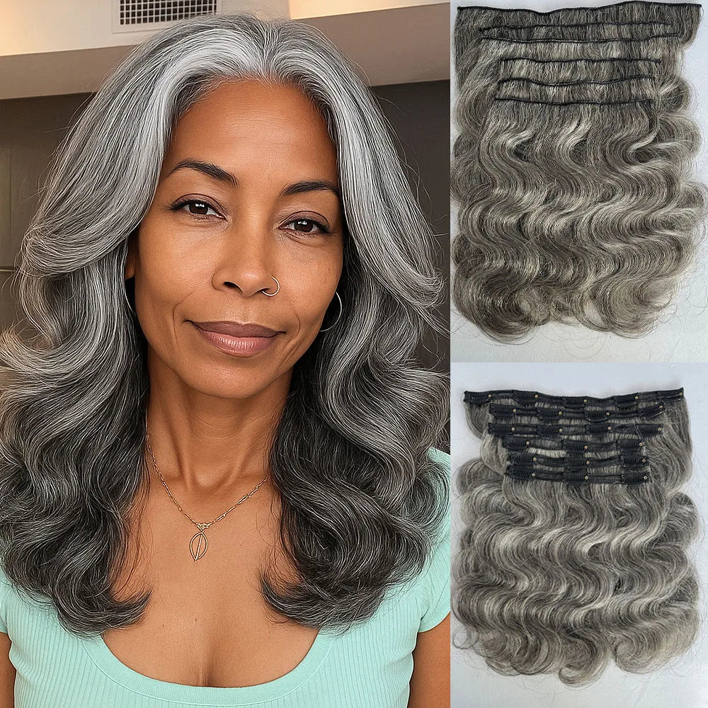 SoulLady Salt and Pepper Clip in Hair Extensions Real Human Hair Brazilian Virgin Human Hair Extensions 6 Pieces/Set for Senior - MERGE.DAY.1.FREESTYLE