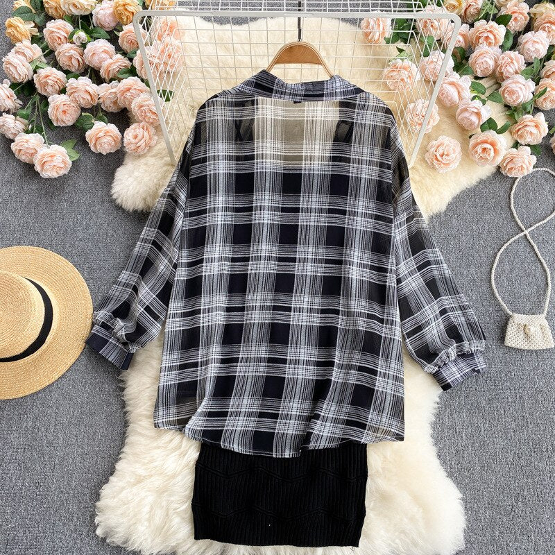 Summer Women Two Piece Set Plaid Long Sleeve Sunscreen Shirt+A-line Knitting Slip Dress - MERGE.DAY.1.FREESTYLE