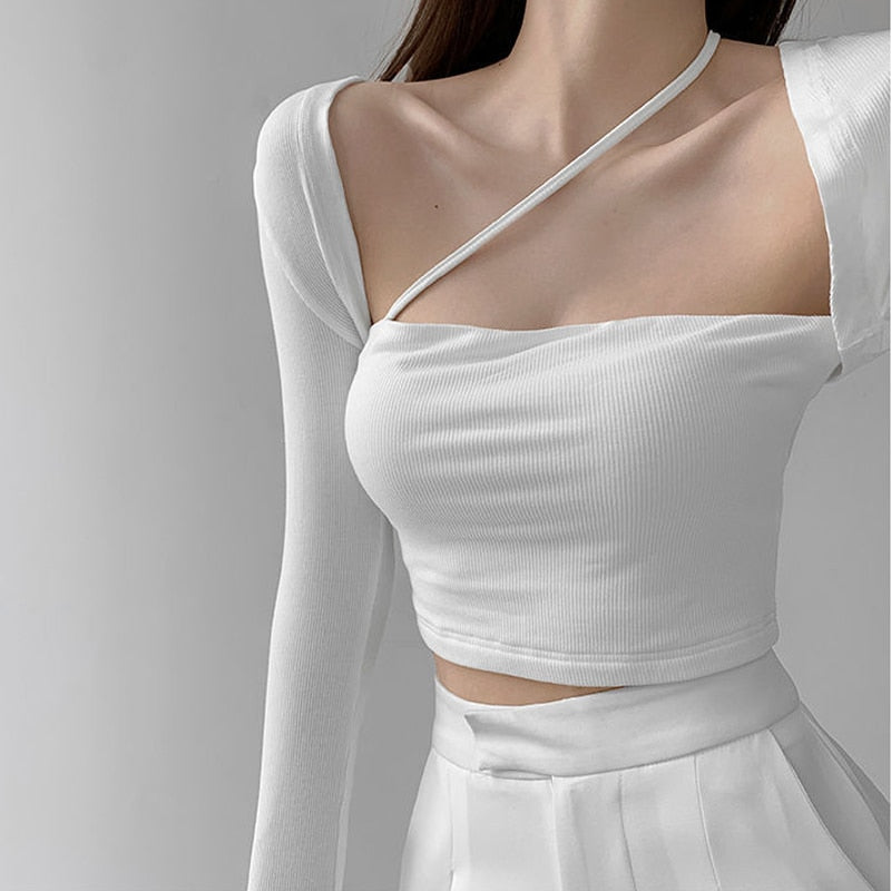 Cropped Tops Women Square Collar Slanted Shoulder Straps Halter Neck Long Sleeve T-shirt - MERGE.DAY.1.FREESTYLE