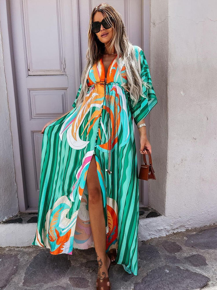 Bikini Cover Ups Print Maxi Dress for Women Summer Bohemian Beach Sexy Floral Tunic Long Dress - MERGE.DAY.1.FREESTYLE