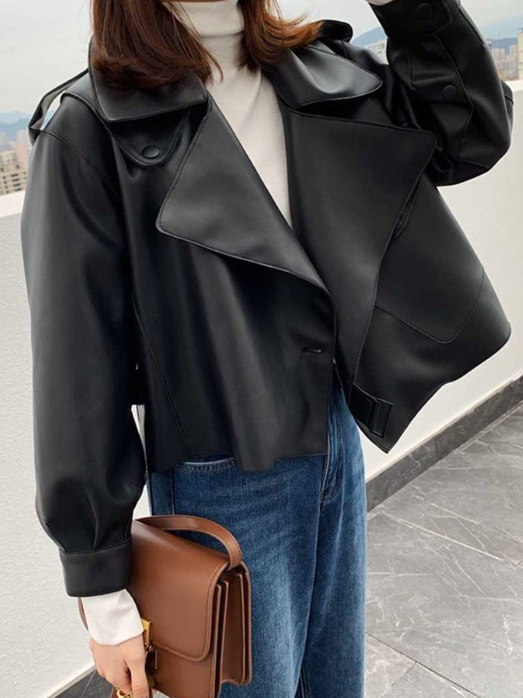 Women Pu Motorcycle Biker Faux Leather Jacket Turndown Collar Loose Punk Outerwear - MERGE.DAY.1.FREESTYLE