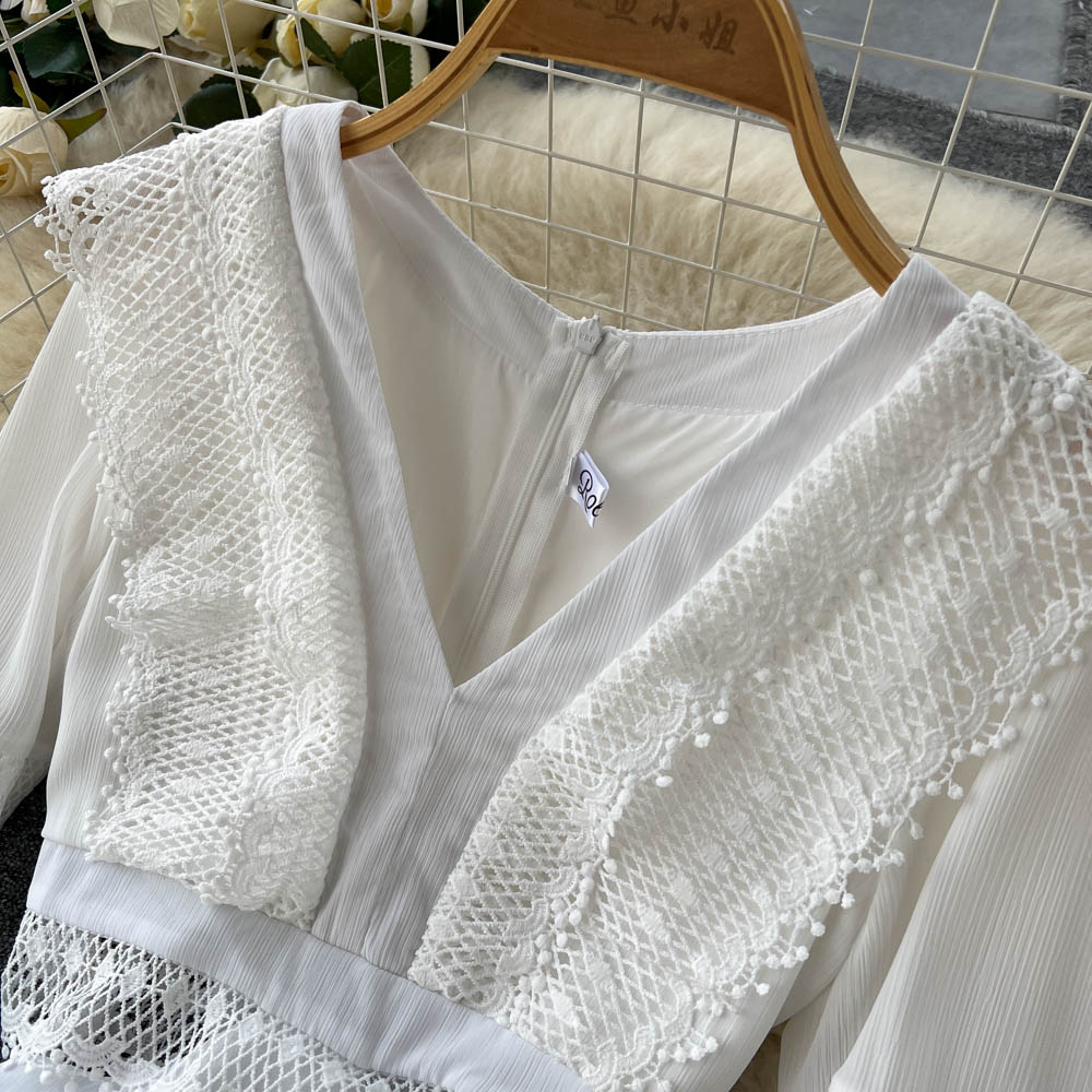 Lace Hollow Out White Dress Women Elegant V-neck Beach Holiday Style Dress - MERGE.DAY.1.FREESTYLE