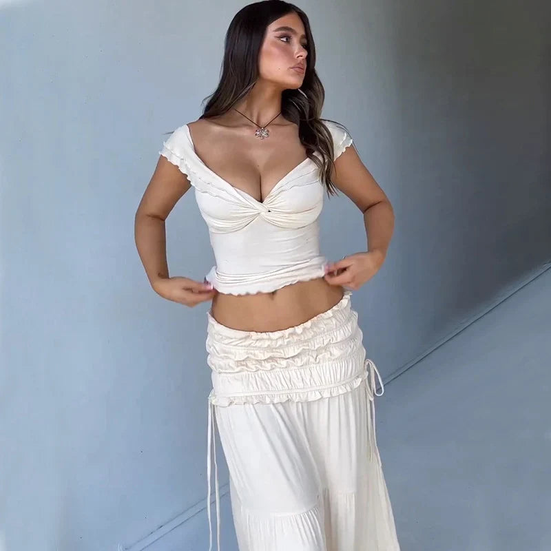 2 Piece Set Women Vacation Ruffle Beach Holiday Outfits - MERGE.DAY.1.FREESTYLE