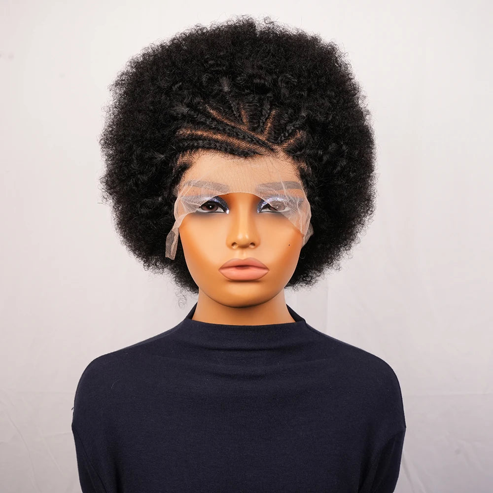 13x4 Short Afro Kinky Curly Bob Lace Front Braided Wigs for Black Women Curly Afro Puff Lace Frontal Wig Human Hair Brazilian - MERGE.DAY.1.FREESTYLE