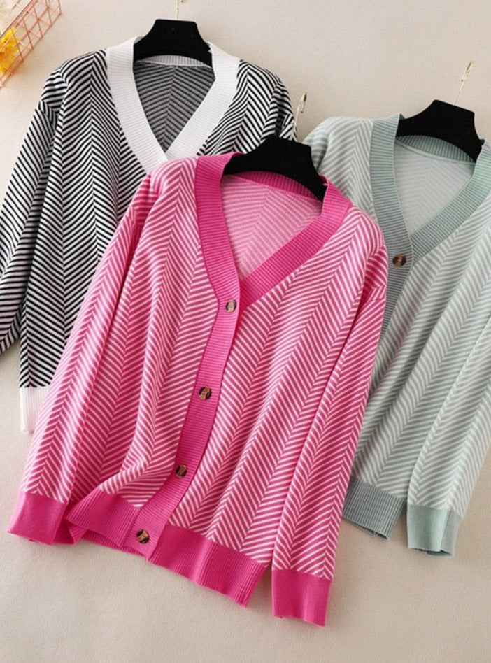 V-neck Striped Cardigans Sweaters Long Sleeve Loose Knitted Open Stitch Outwear - MERGE.DAY.1.FREESTYLE