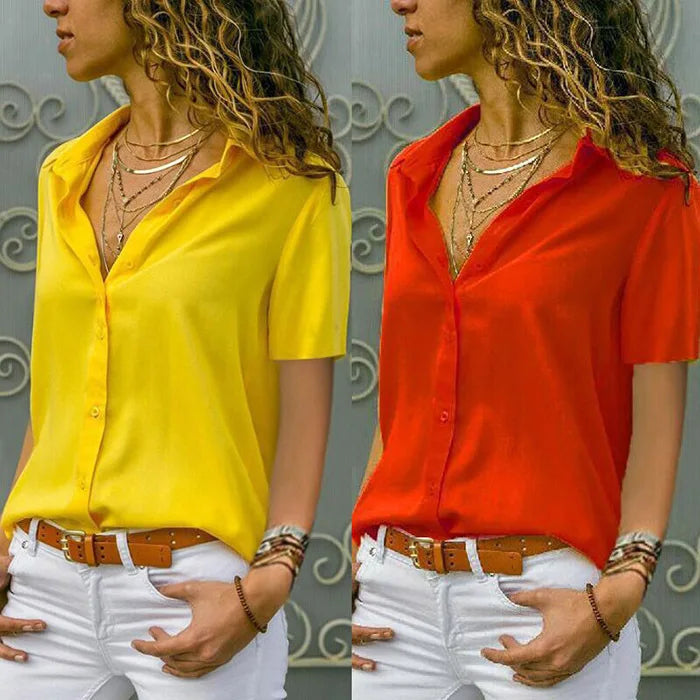 Women Solid White Blouse Tops Office Lady Work Chiffon Button - MERGE.DAY.1.FREESTYLE