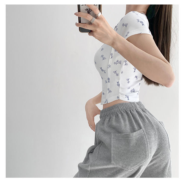 Summer Floral Cropped Top Women Slim Square Neck Short Sleeve White T-shirts Female - MERGE.DAY.1.FREESTYLE