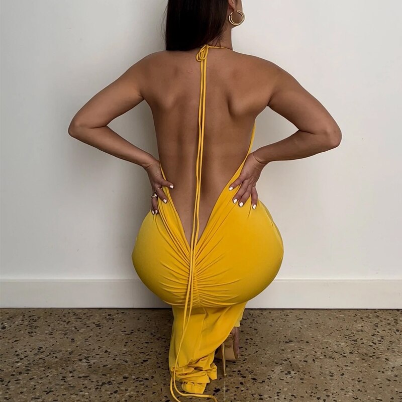 Halter Bandage Sleeveless Backless Shirring Draped Maxi Dress Sexy Streetwear - MERGE.DAY.1.FREESTYLE