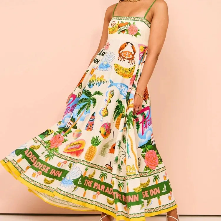 Beach Spaghetti Strap Long Dress Printed Backless Sleeveless Drawstring Dress - MERGE.DAY.1.FREESTYLE