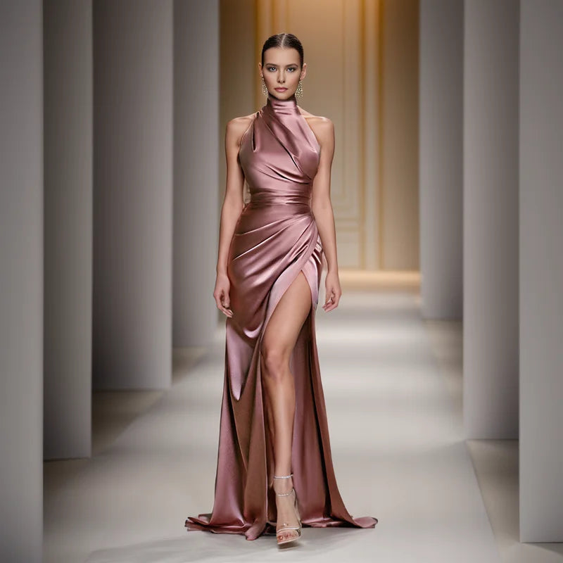 Satin Sleeveless Backless Halter Side Slit Sexy Elegant Maxi Dress - MERGE.DAY.1.FREESTYLE