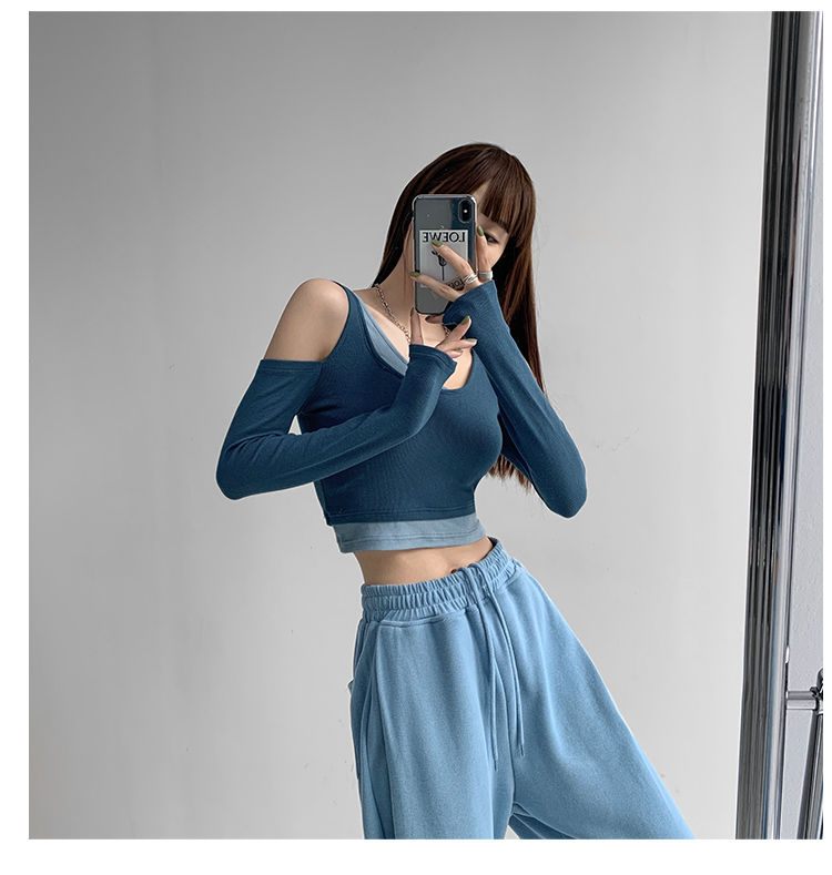 Patchwork Women's T-shirt Fake Two-piece Slim Long Sleeve Y2K Crop Tops Woman - MERGE.DAY.1.FREESTYLE