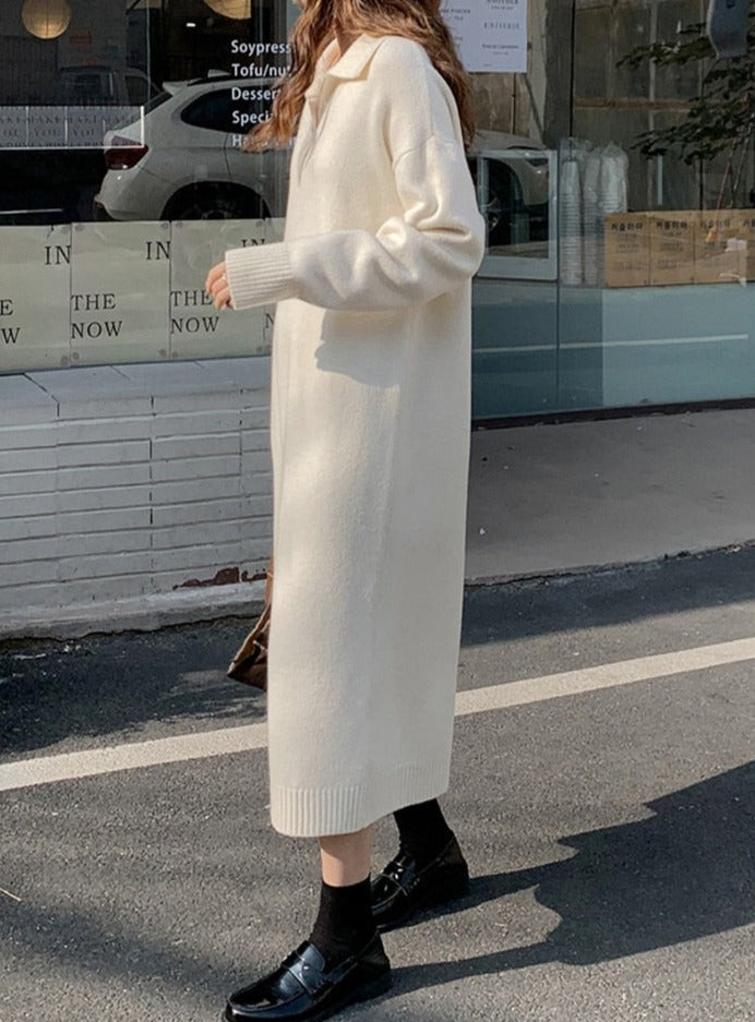 Lapel Full Sleeve Solid Long Knitted Dress Female vestidos - MERGE.DAY.1.FREESTYLE