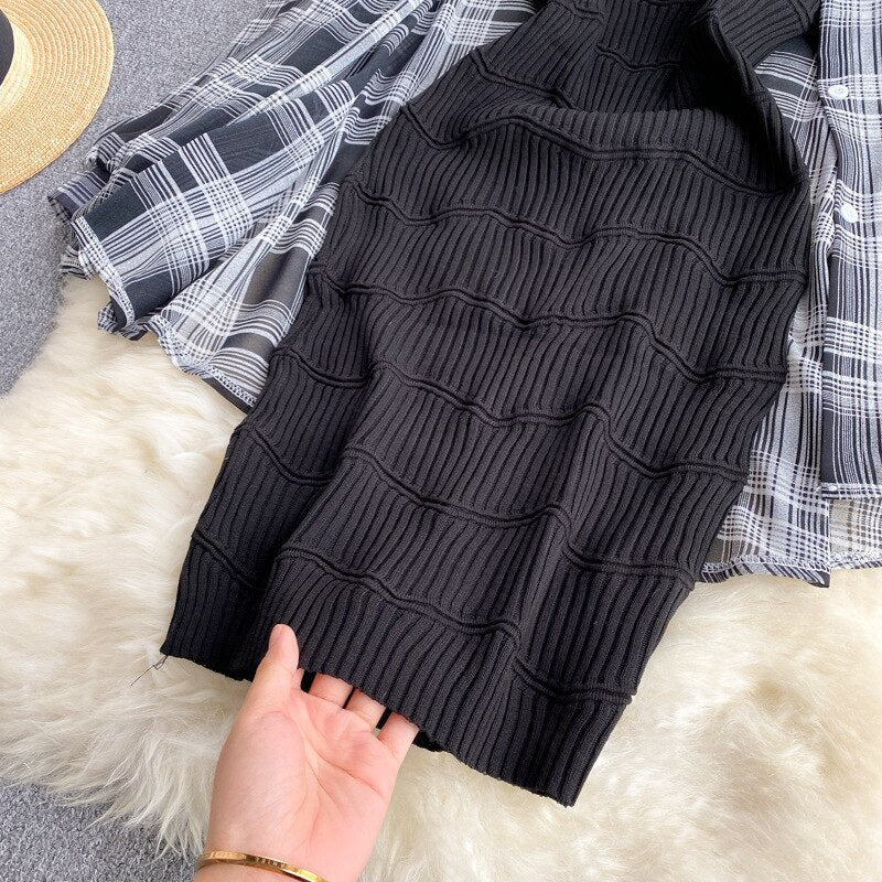 Summer Women Two Piece Set Plaid Long Sleeve Sunscreen Shirt+A-line Knitting Slip Dress - MERGE.DAY.1.FREESTYLE