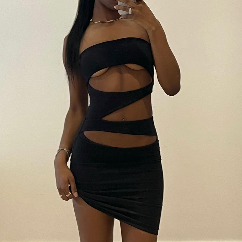 Off Shoulder Strapless Solid Hollow Out Mini Prom Dress Sexy Skinny - MERGE.DAY.1.FREESTYLE