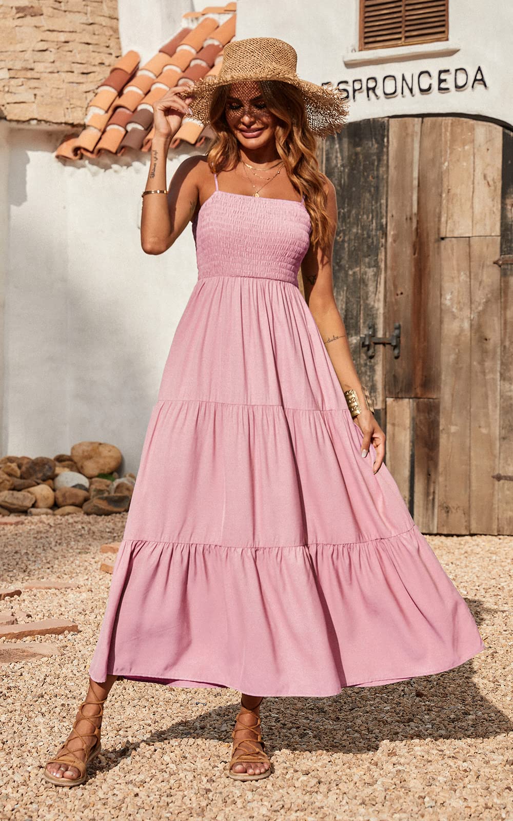 Spaghetti Strap Maxi Dress Women Summer Sleeveless Smocked Boho Long Beach Dress Sundresses - MERGE.DAY.1.FREESTYLE
