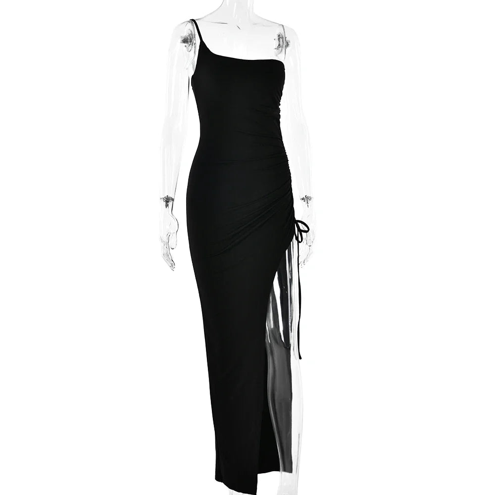 Drawstring High Slit Shoulder Slim Elastic Maxi Bodycon Dress - MERGE.DAY.1.FREESTYLE