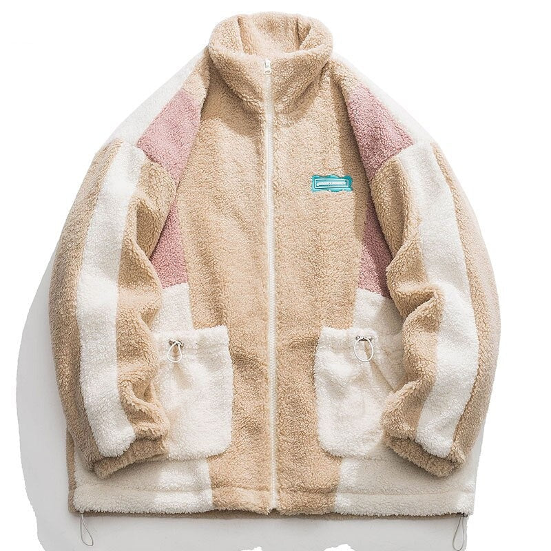 Hip Hop Streetwear Winter Color Block Patchwork Fuzzy Fluffy Thick Warm Coat - MERGE.DAY.1.FREESTYLE