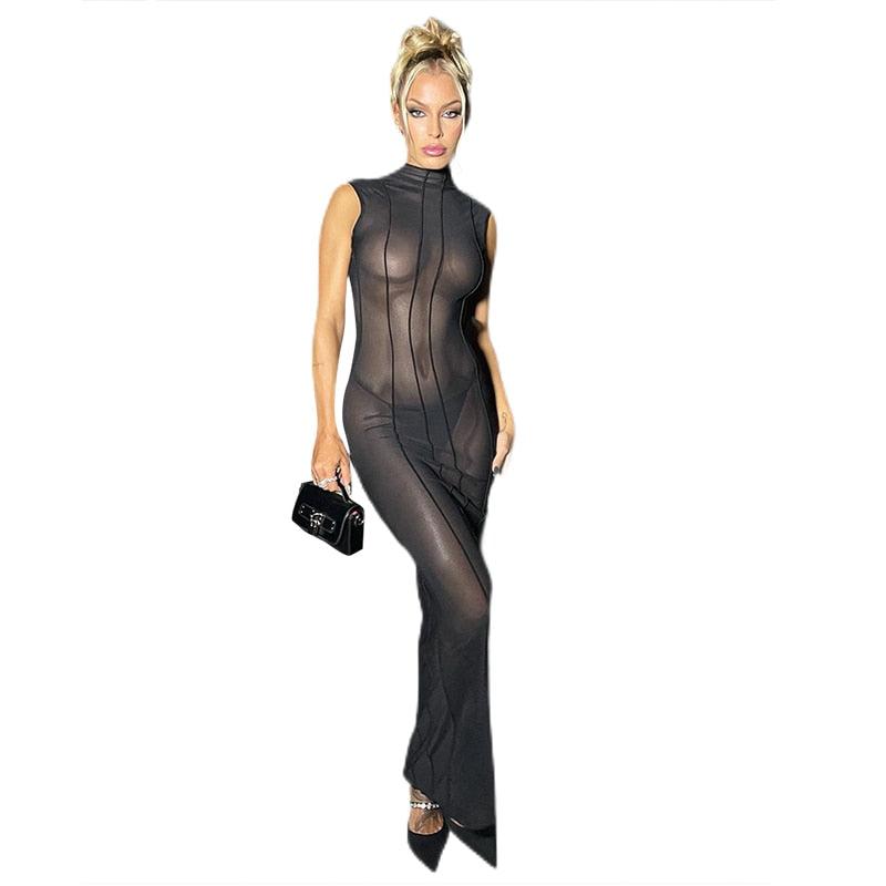Mesh O Neck Long Sleeves Backless Lace Up See Through Sexy Bodycon Maxi Dress - MERGE.DAY.1.FREESTYLE