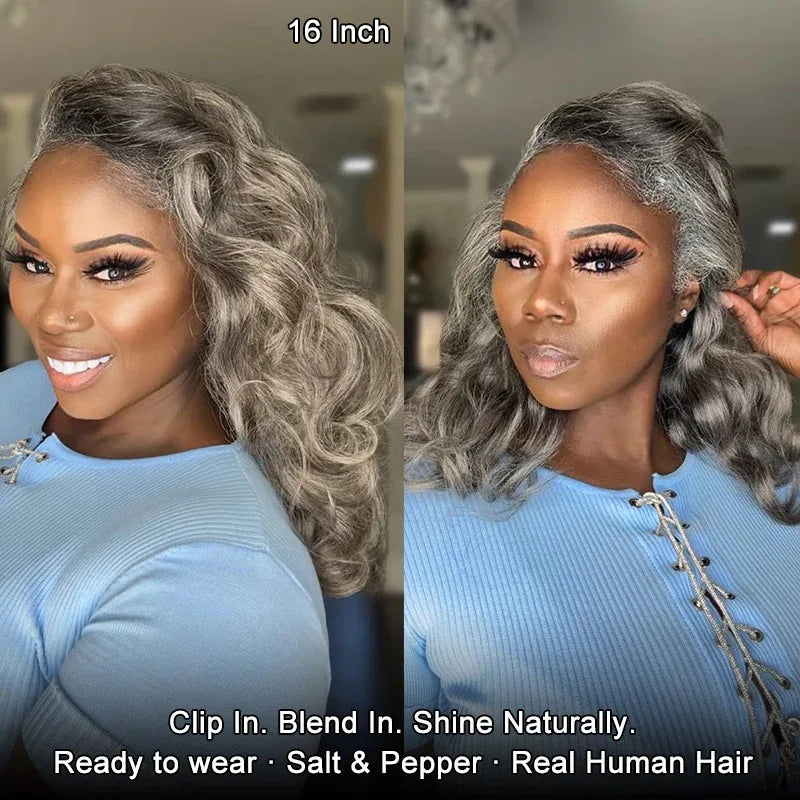 SoulLady Salt and Pepper Clip in Hair Extensions Real Human Hair Brazilian Virgin Human Hair Extensions 6 Pieces/Set for Senior - MERGE.DAY.1.FREESTYLE