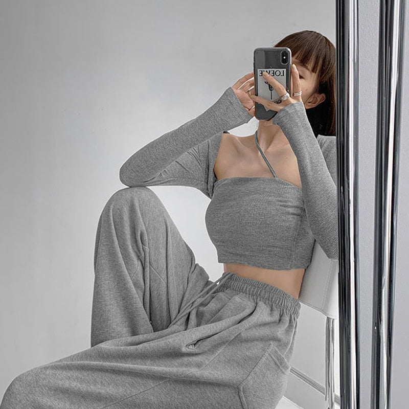 Cropped Tops Women Square Collar Slanted Shoulder Straps Halter Neck Long Sleeve T-shirt - MERGE.DAY.1.FREESTYLE