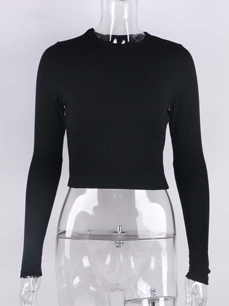 O Neck Long Sleeve Shirt Women Ribbed Sexy Cropped Tops Casual Skinny T Shirts White - MERGE.DAY.1.FREESTYLE