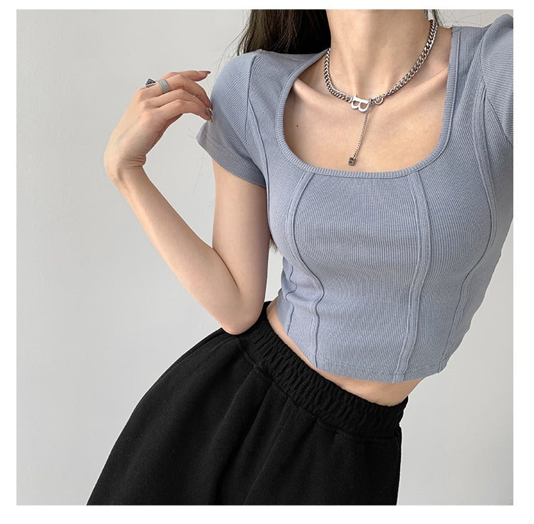 Vintaege Y2K Tops Women Summer Square Collar Short Sleeve T-shirt Fishbone Line Slim Crop - MERGE.DAY.1.FREESTYLE