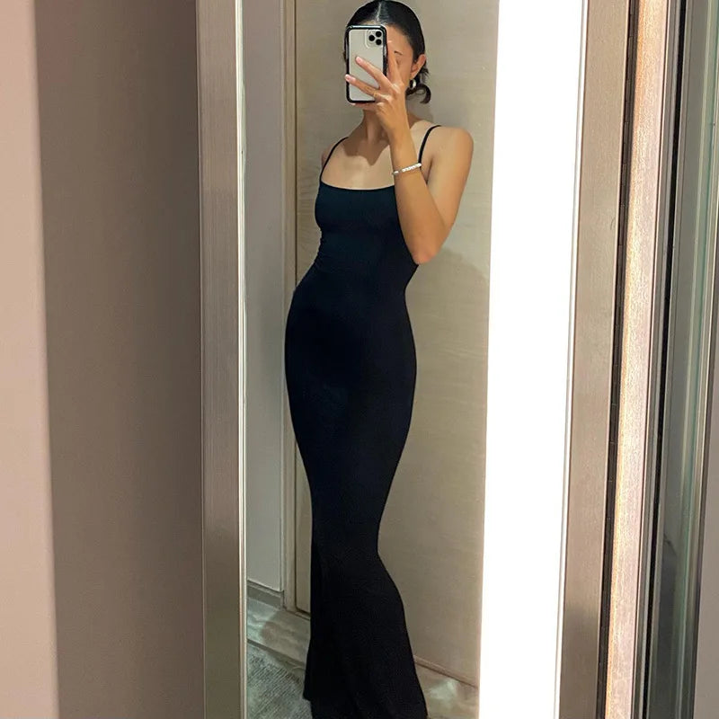 Spaghetti Strap Black Long Sleeveless Skinny Bodycon Dress Y2k - MERGE.DAY.1.FREESTYLE