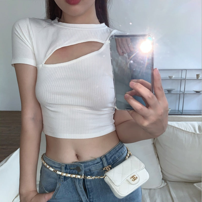 T Shirt Women Summer Hollow Crewneck Cropped Tops Irregular Tight Fitting Short Sleeve - MERGE.DAY.1.FREESTYLE
