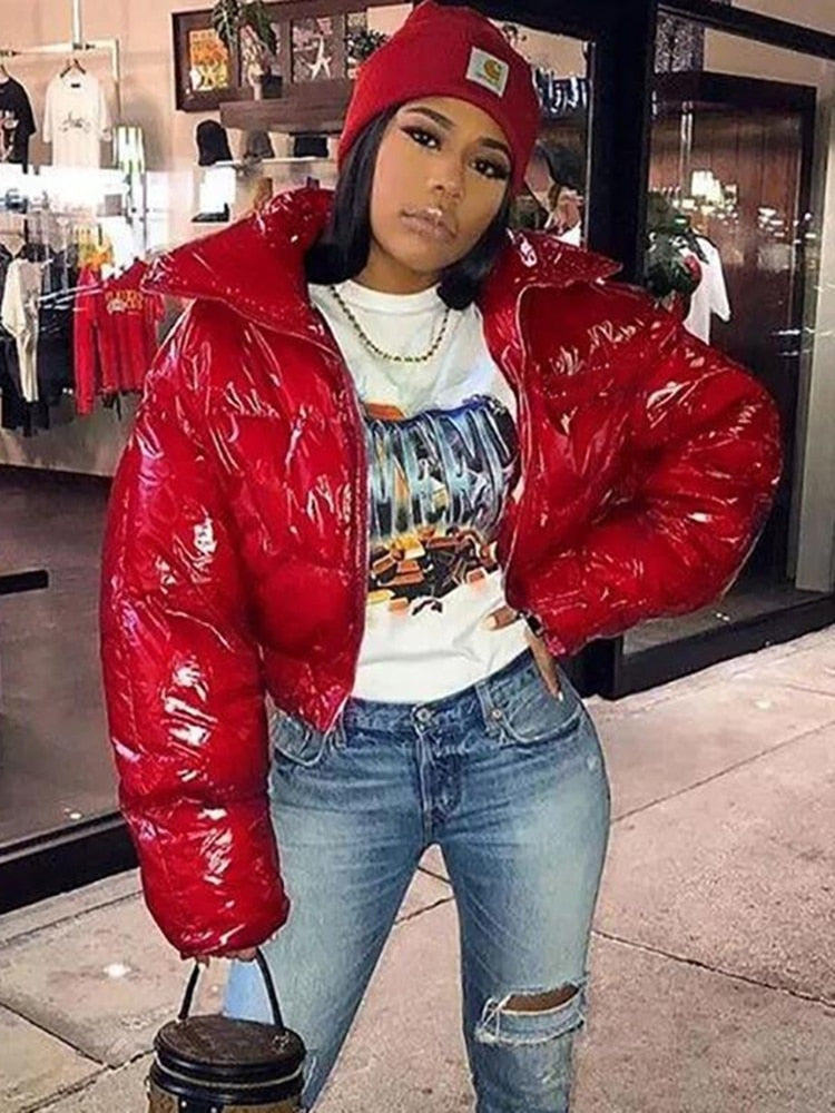Faux PU Leather Y2K Bubble Puffer Winter Warm Jacket Women Long Sleeve Coats - MERGE.DAY.1.FREESTYLE