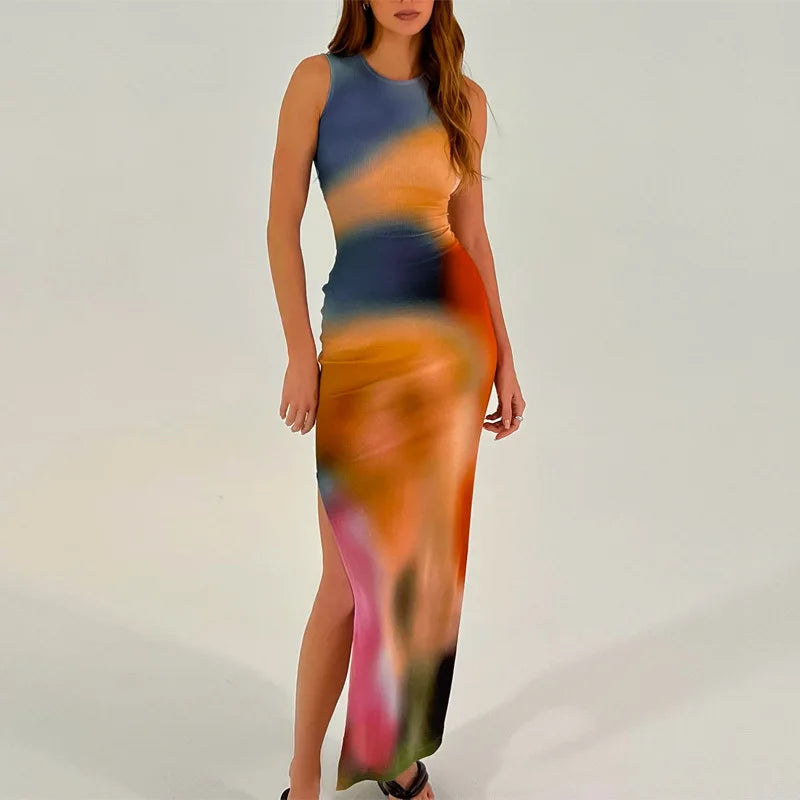 Tie Dye Print Ribbed Midi Dress Bodycon Side Slit Y2K - MERGE.DAY.1.FREESTYLE