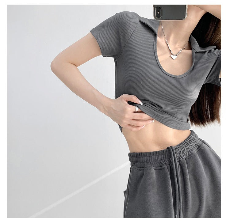 Y2K Tops Women U-shaped Lapel Short Sleeve Tees Summer High Waist Thread Crop Top - MERGE.DAY.1.FREESTYLE
