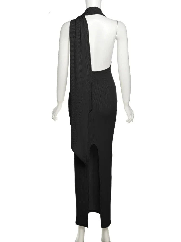 Backless Halter Evening Dress With Scarf Hollow Back Split Skinny - MERGE.DAY.1.FREESTYLE