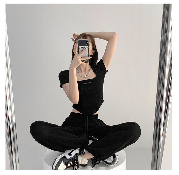 Curved Crop Tops Women Summer Square Collar Short Sleeve T-Shirt Fashion Slim Woman - MERGE.DAY.1.FREESTYLE