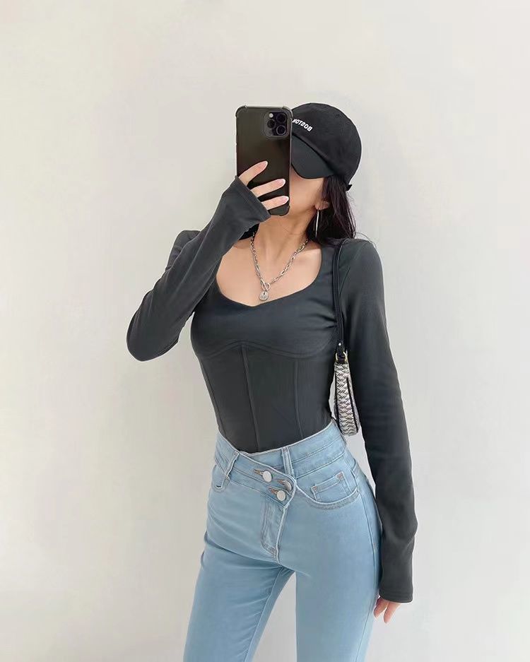 High Waist Cropped Tops Women Fashion Square Neck Long Sleeve T-Shirt Slim Basic Y2K Tees - MERGE.DAY.1.FREESTYLE