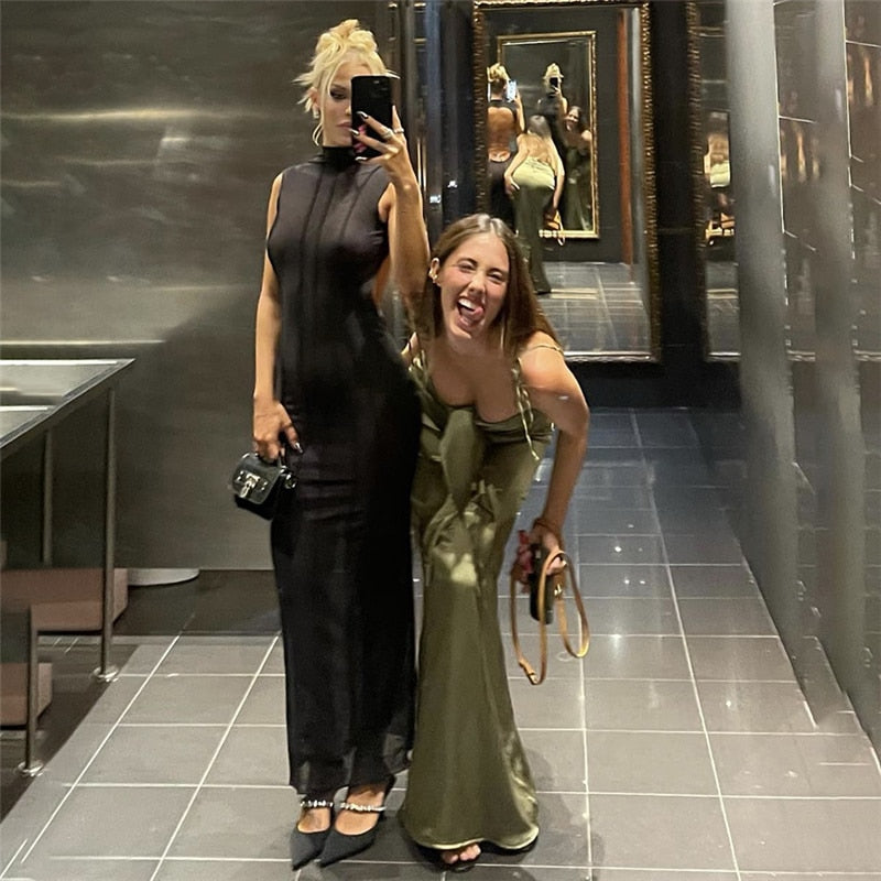 Mesh O Neck Long Sleeves Backless Lace Up See Through Sexy Bodycon Maxi Dress - MERGE.DAY.1.FREESTYLE